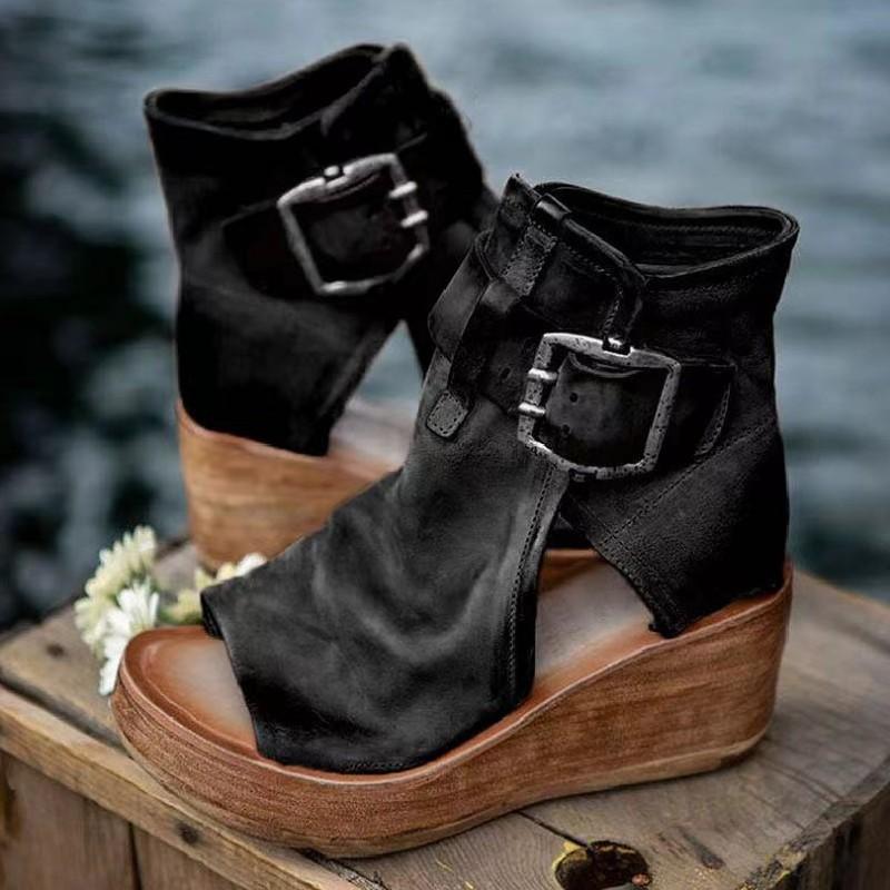 Römerschuhe Damen Sommer High Heel Mode Damen Schuhe 1 neu High-Top Keilabsatz coole Stiefel Plateau Fischmaulsandalen Größe 36 schwarz