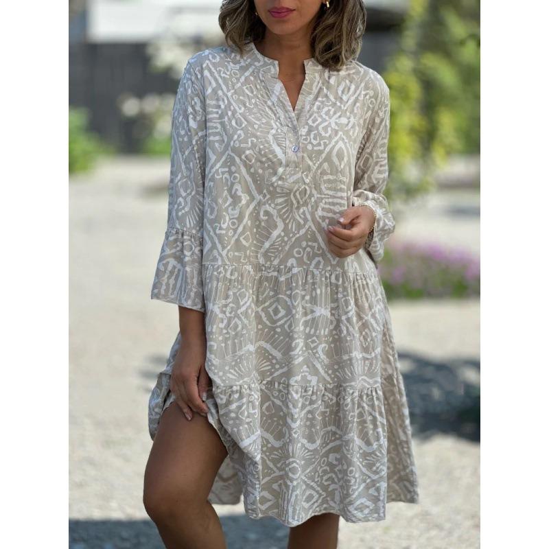 VEZFAA Damenmode Frühling Herbst Geometrischer Druck 3/4 Ärmel V-Ausschnitt Lockere Taille Freizeitkleider M apricot