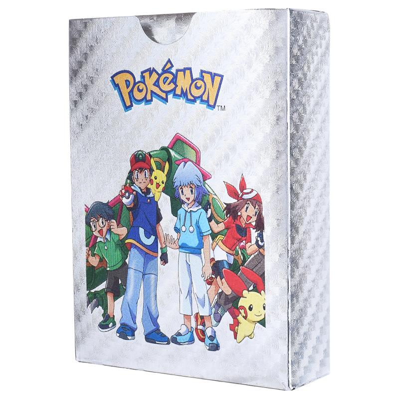 55 Stück Pokemon Goldfolie Karten Anime Cartoon Pokemon Englische Version Tcg Karte für Fans Sammlung silber