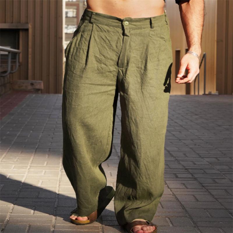 Herren Leinen Falten Weite Hosen für Frühling und Sommer mit Mittelhohem Bund Atmungsaktive Jogginghosen Streetwear Herren XL grün