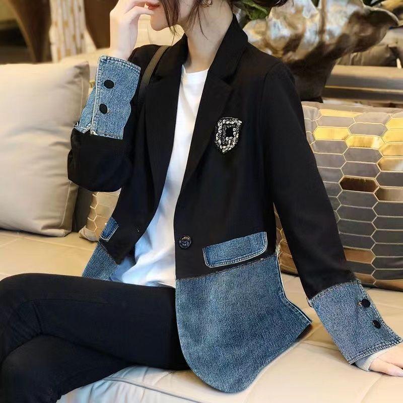 Damen Casual Temperament Denim Jacke Spleißen Langarm Anzug Jacke XS