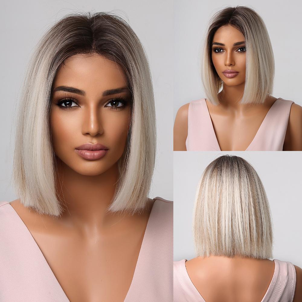 Synthetische Perücken in Ombré-Braun, Platinblond, kurze, gerade Bob-Perücken für schwarze Frauen, tägliches, natürliches, hitzebeständiges Haar, Cosplay Wig LC2012-1