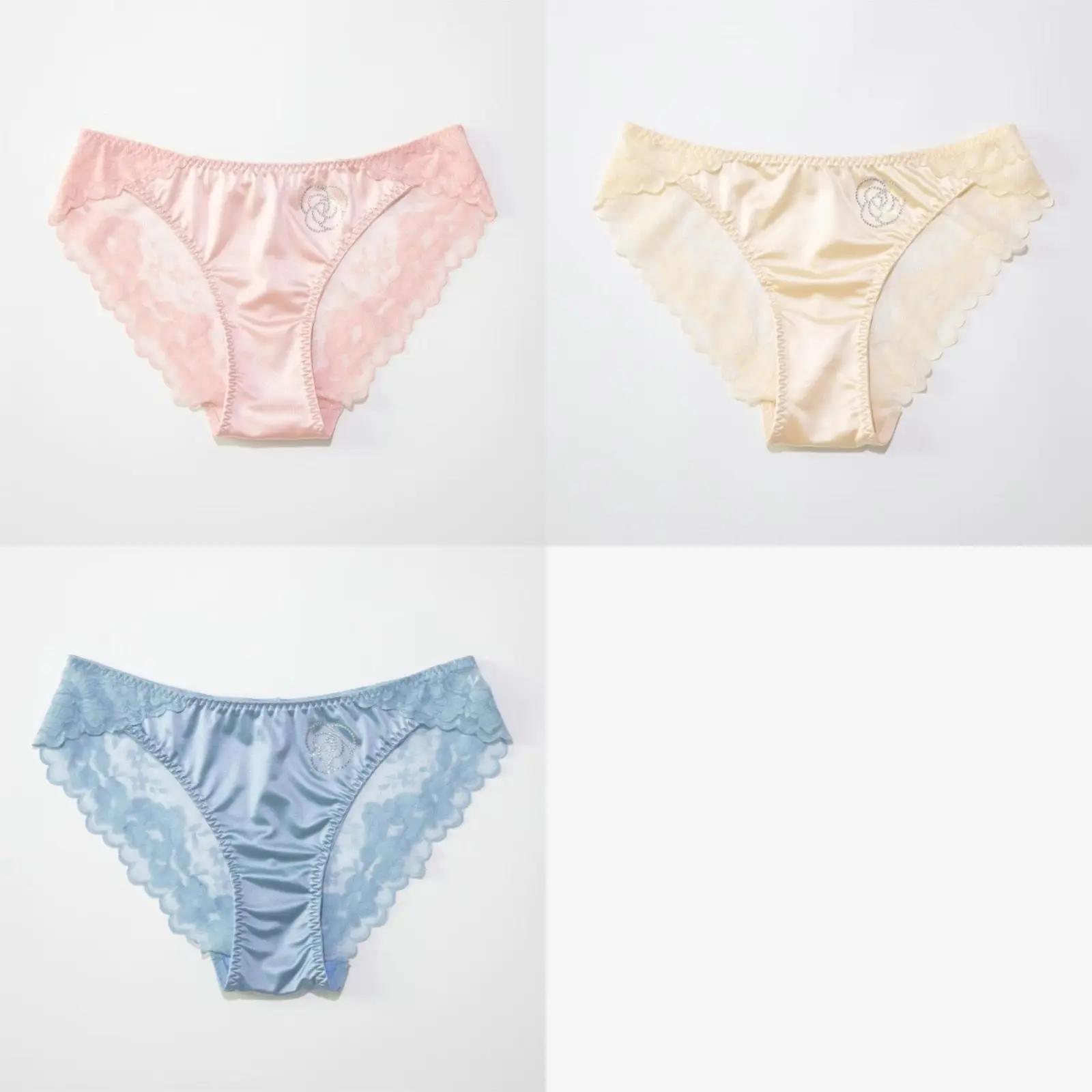 Französische Kamelienblüten-Höschen mit mittlerer Taille, Damenunterwäsche aus Spitze, sexy, atmungsaktiv, bequem, große Größe, hochelastischer Satin-Slip XL 60-75KG&3pcs