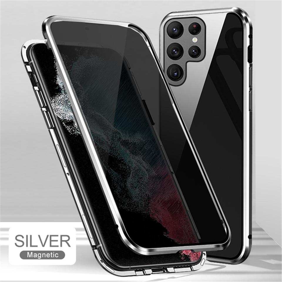Privatsphäre Metall magnetische doppelseitige Glas für Samsung S23 S22 S21 S20 Ultra S20 S21FE Hinweis 20 Ultra A34 A14 A54 A53 A52 A71 Fall Samsung A71 silber