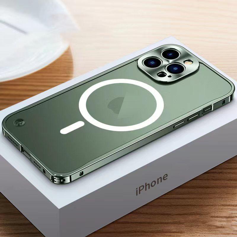 Magnetische Telefonhülle mit Metallrahmen für iPhone 11 12 13 14 15 16 Pro Max Aluminiumlegierung Vollobjektivschutzabdeckung für iPhone 16 Überzogene Metallrückseite For iPhone 12 mini grün