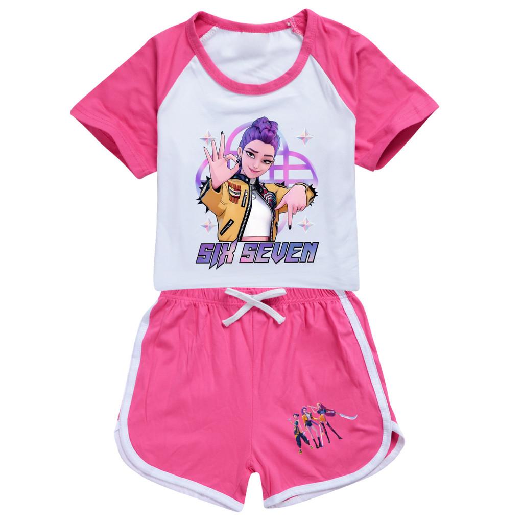 5232 Kinder Mädchen POP Rumi Zoey Mira Print T-Shirt Shorts Sport Trainingsanzug Kleider Set 150cm rose rot