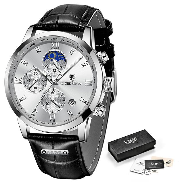 LIGE Neue Herrenuhren Business Fashion Uhr Mann Top Marke Luxus Leder Armbanduhr Quarz Chronograph Sport Wasserdichte Auto Datum Uhr schwarz/silber