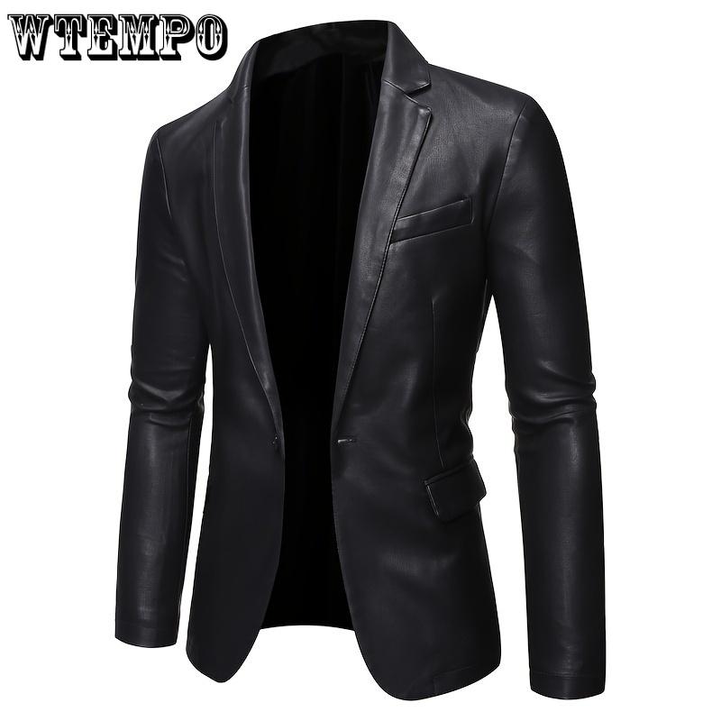 Herren Unifarbenes PU-Lederjacke mit Taschen, Ein-Knopf Slim-Fit Revers Oberbekleidung - für Geschäft, Partys & Formelle Anlässe - für Herren - PU-Leder XXXXXL schwarz