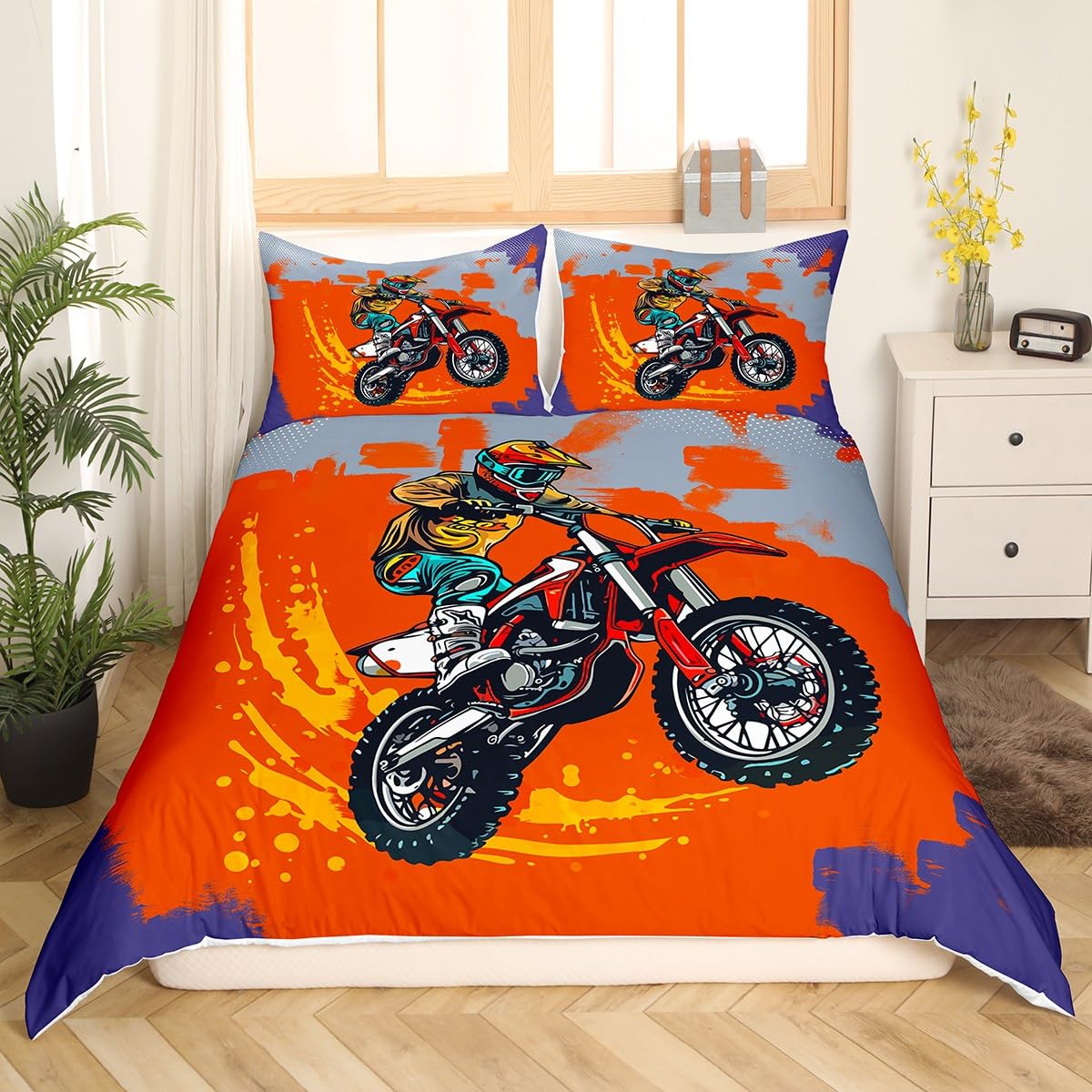 Dirtbike-Bettbezug, Twin, Motocross-Fahrer-Bettbezug, Extremsport-Bettwäscheset, cooles Motorrad-Bettwäscheset für Jungen und Erwachsene 155x215cm 3pcs