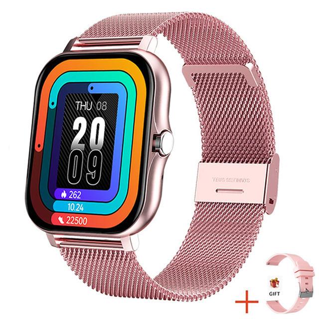 Neue Smartwatch Armband Schrittzähler Herzfrequenzüberwachung Bluetooth Anruf 1,69 Zoll Touchscreen Smartwatch Für Frauen Männer Uhr Steel+Silicone rosa