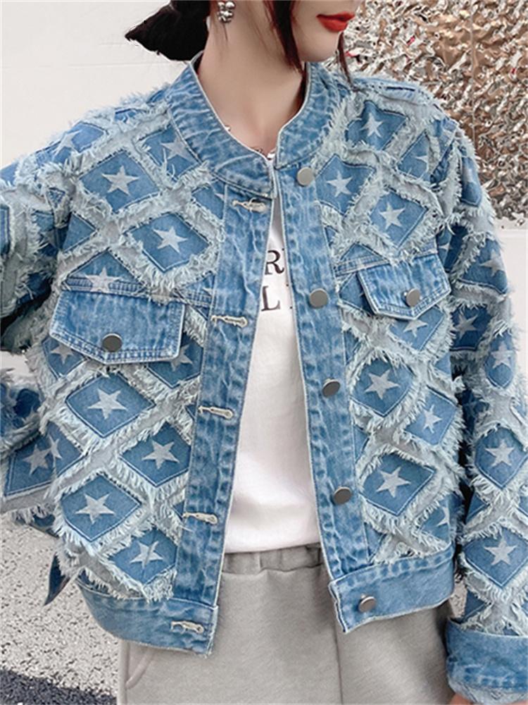 Geometrische Jeansjacke für Damen, neue Mode, Herbst/Winter, langärmelige Jeansjacke, Streetwear, einreihiger Mantel L blau