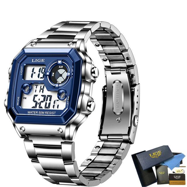 LIGE Herren-Digitaluhr für Herren, multifunktional, leuchtend, wasserdicht, Sport-Quarz-Armbanduhr, LED, Dual-Display, quadratisches Zifferblatt, elektronische Uhren silber/blau