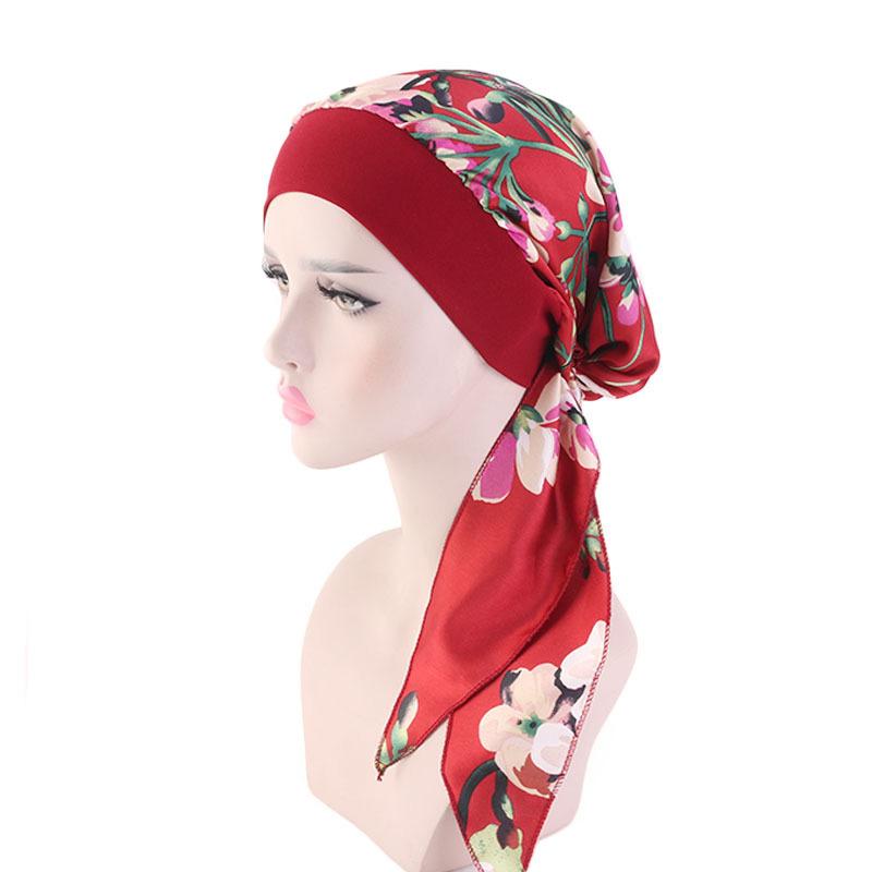 Damen Muslimische Mode Hijab Krebs Chemo Blumenmuster Hut Turban Kopfbedeckung Haarausfall Schal Wickel Vorgebundene Bandana white