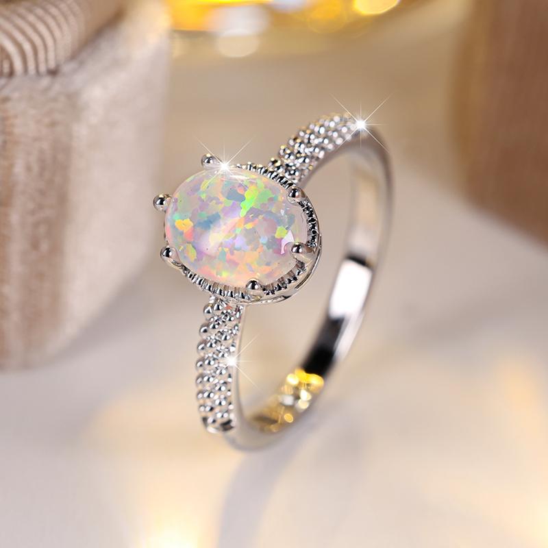 Großer ovaler weißer Feueropalring für Frauen, Eierform, Stein, Verlobungsringe, antike silberne Farbe, Eheringe, Modeschmuck 11