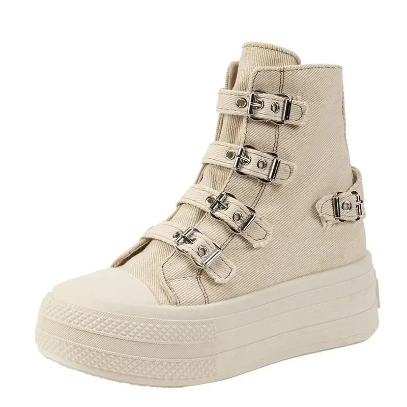 Mode 8CM Keilabsatz Sneaker Canvas Schuhe Damen 2024 Frühling und Herbst Neue Mode Alle Lässig Dicke Belüftete Sohle Board Schuhe 37 beige