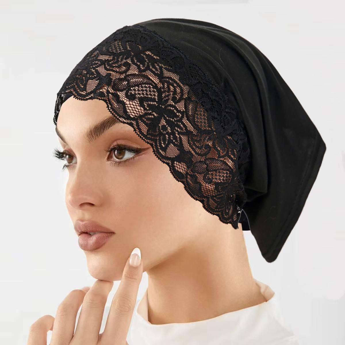 Hijab Unterkappe mit Spitze Muslimischer Turban Islamische Unterkappe Hijab Mütze Weich Dehnbar HIjabs Schlauchmütze Turbante schwarz