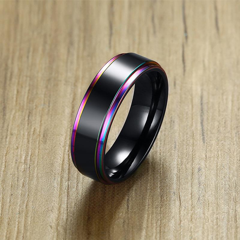 Vnox 6/8mm Schwarzer Ring für Männer Frauen Rille Regenbogen Edelstahl Eheringe Trendige Bruderschaftsringe Lässiger Herrenschmuck 8 beige