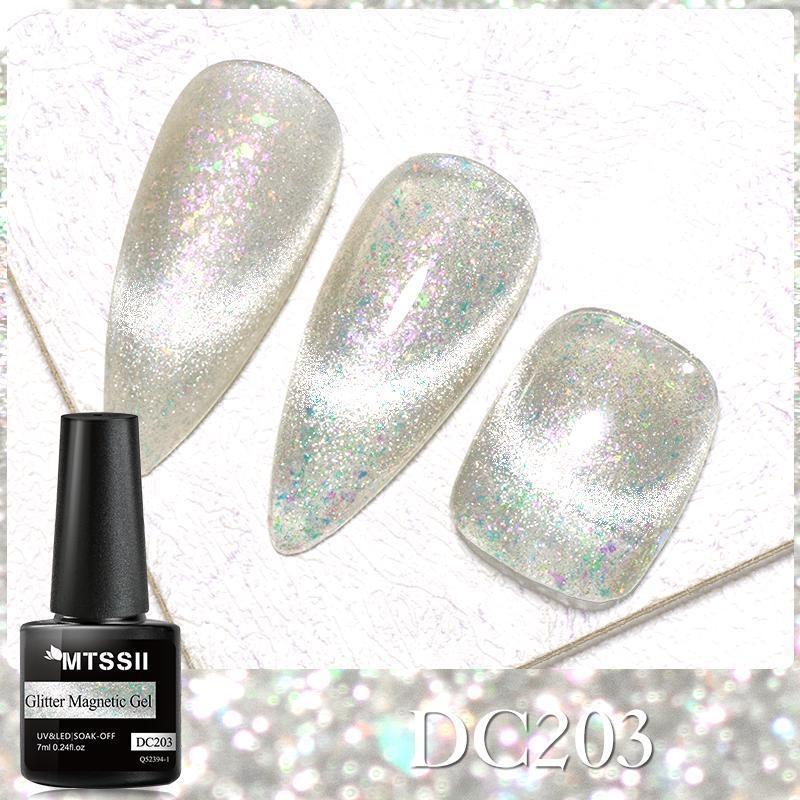 Mtssii 7 ml Glitzer-Magnet-Gel-Nagellack, Katzen-Magnet-Gel, buntes Laser-Gel, semi-permanent, Soak-Off, glitzernder Nail-Art-Gel-Lack DC203
