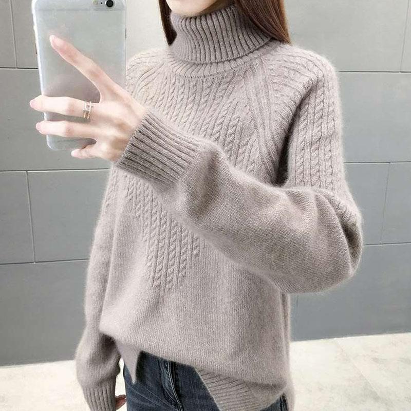 High Neck Pullover Pullover Frauen 2023 Lose Herbst/Winter Frauen Unterlage Langarm Solide Strick Pullover Pullover Weibliche One Size khaki