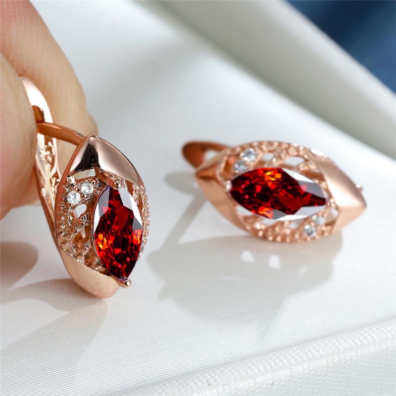 Roségoldfarbene Marquise-Schliff-Ohrringe, Lila, Rosa, Blau, Aqua-Kristall, Hakenohrringe, Geburtsstein-CZ-Tropfen-Ohrringe, hohle Blatt-Ohrringe rot