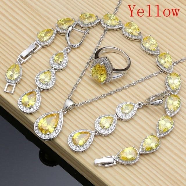 925 Sterling Silber Schmuck Weiß Cz Blau Zirkon Schmuck Sets Für Frauen Ohrringe/Anhänger/Halskette/Ringe/Armband 8.5 gelb
