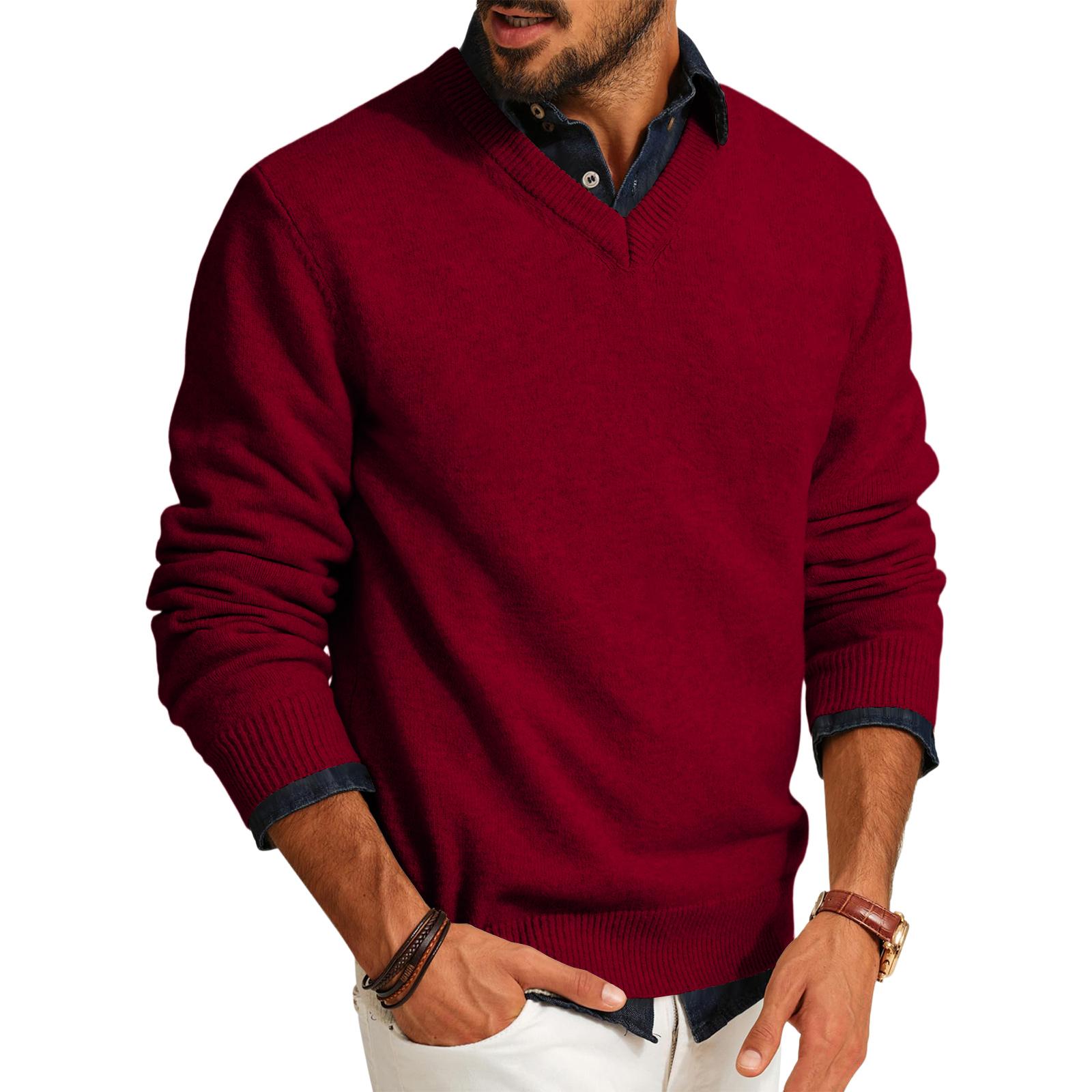 Herren V-Ausschnitt Pullover Lässiger Strick Leichter Kleiderpullover Langarm Slim Fit Herbst Winter Pullover XXL rot