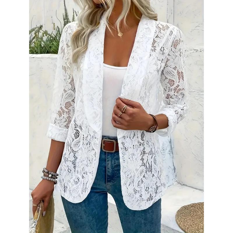 Großes, oben offenes Sakko mit Blumenmuster, elegante Langarmjacke für Sommer und Frühling, Damenkleidung in Übergröße S weiß