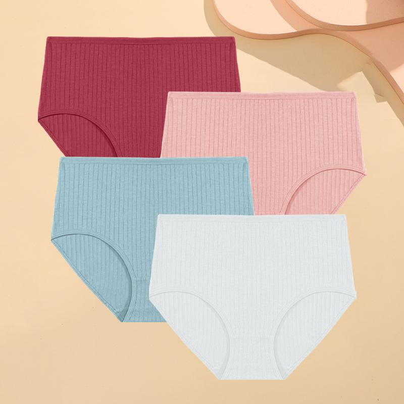 FINETOO 4 STÜCK/SET Baumwolle Gestreift Damen Unterwäsche Sexy High Waist Slips Einfarbig Weiche Slips Weiblich Atmungsaktiv Stretch Dessous XXL