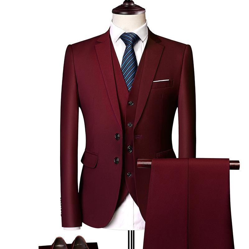 (Jacke + Weste + Hose) Herrenanzug, dreiteiliger Anzug, neues einfarbiges, schlankes Boutique-Business-Mode-Anzugset für Herren Asian XL 58-65KG wein rot