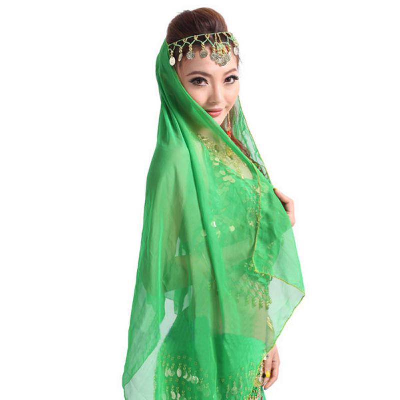 Bauchtanz-Kopfbedeckung für Damen, Chiffon, Münzen, Stirnband, Schal, Kopfbedeckung, Tanzkostüm grün