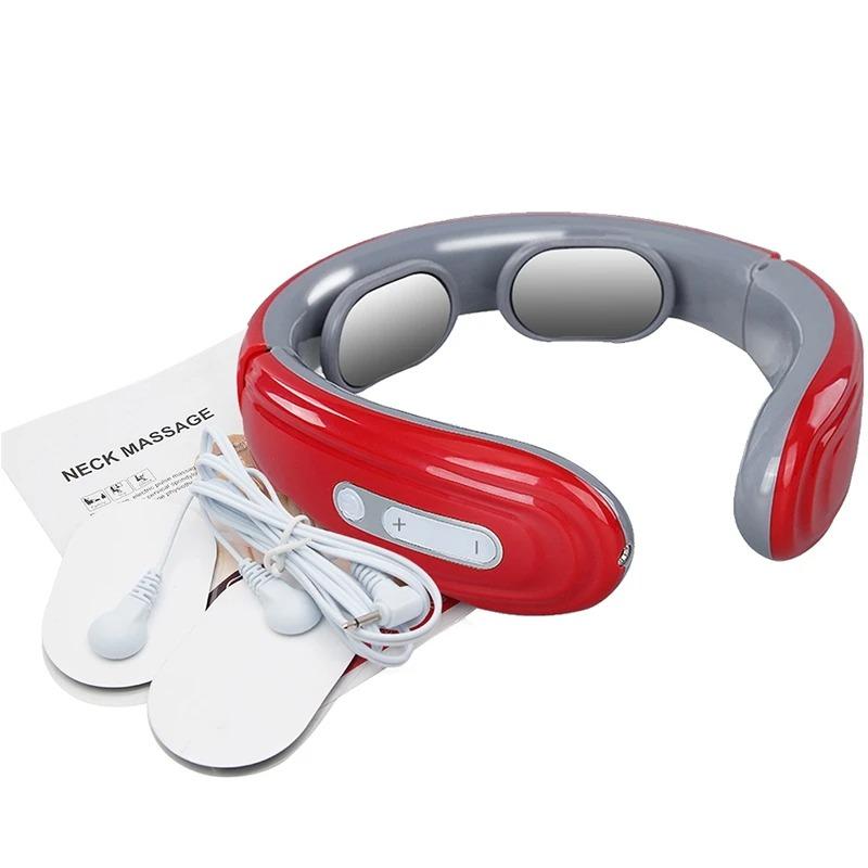 Elektrisches Nacken-Schulter-Impulsmassagegerät Kneten 2 Köpfe TENS EMS Impuls Heizung Halswirbel Entspannung Schmerzlinderung Massage Battery-Powered Version rot