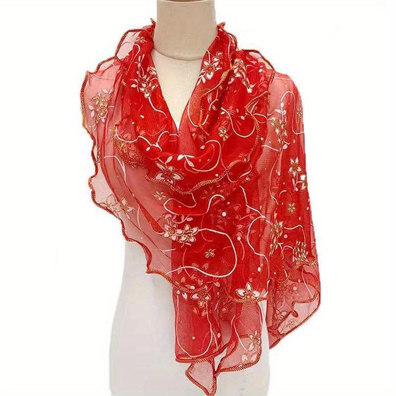 Schal mit Rüschen und Blumenstickerei, elegant, einfarbig, atmungsaktiv, Schal für Damen, Kopftuch, winddicht, Hijab, Turban, Reise-/Strandtuch rot