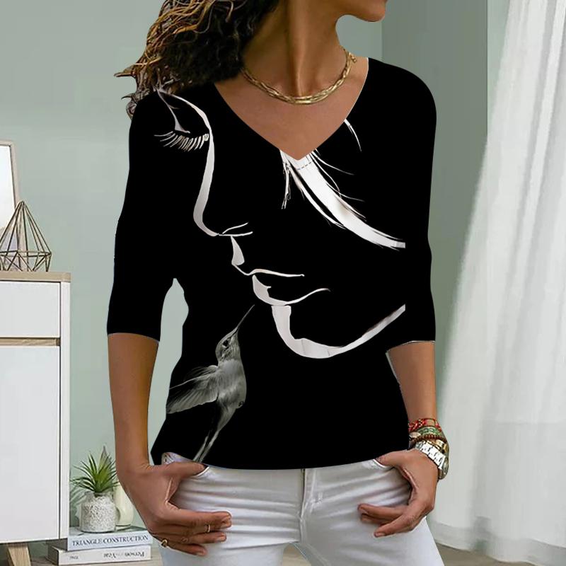 Damen-T-Shirts mit Aufdruck „Hübsche Frau“ und V-Ausschnitt, langärmelig, Pullover, T-Shirts für Damen M schwarz