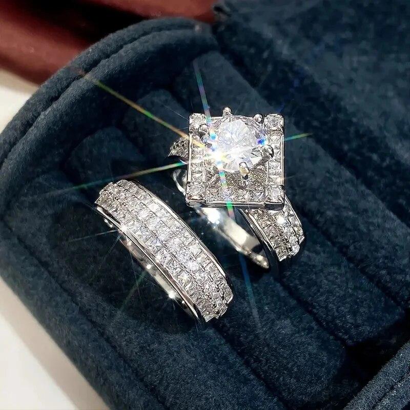 Wunderschönes silberfarbenes Set mit mehreren weißen Zirkonen, Verlobungsringe für Damen, modische Party-Eheringe 9