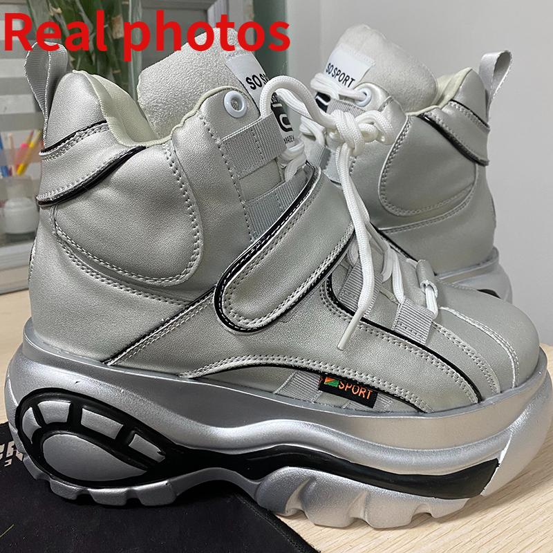 2024 Plateau-Sneakers Herbst Damenmode Klobige Sneakers Weiblich Schwarz Silberne Sneakers Keilschuhe Damen High Top Freizeitschuh 39 silber