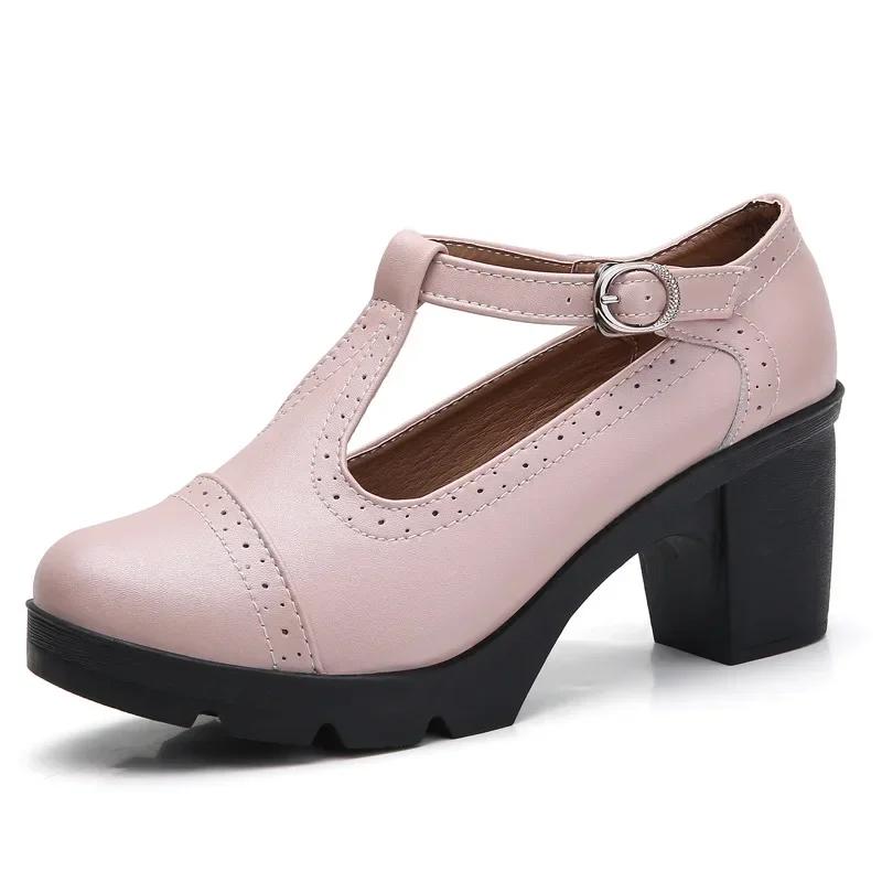 Mode Mode Britischer Stil Runde Zehen Mary Jane Schuhe Leder Ausgeschnitten Quadratische Absätze Plateau Retro Damen Tanzschuhe 38 rosa