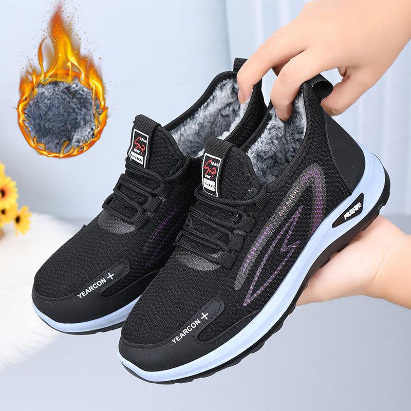 Damen-Winter-Sneaker mit Pelzfutter, warm, leicht, für den Außenbereich, rutschfest, atmungsaktiv, Sportschuhe, Schnürung, verdicktes Fleece, gefüttert, Freizeit-Sneaker für Damen 41 schwarz