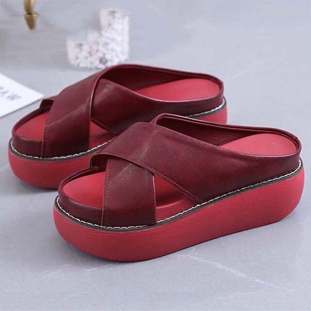 Frauen Sandalen Vintage Frauen Plattform Sandalen Nicht-Slip Dicken Boden Damen Schuhe Casual Frauen Hausschuhe Strand Rutschen Weibliche Schuhe 39 rot