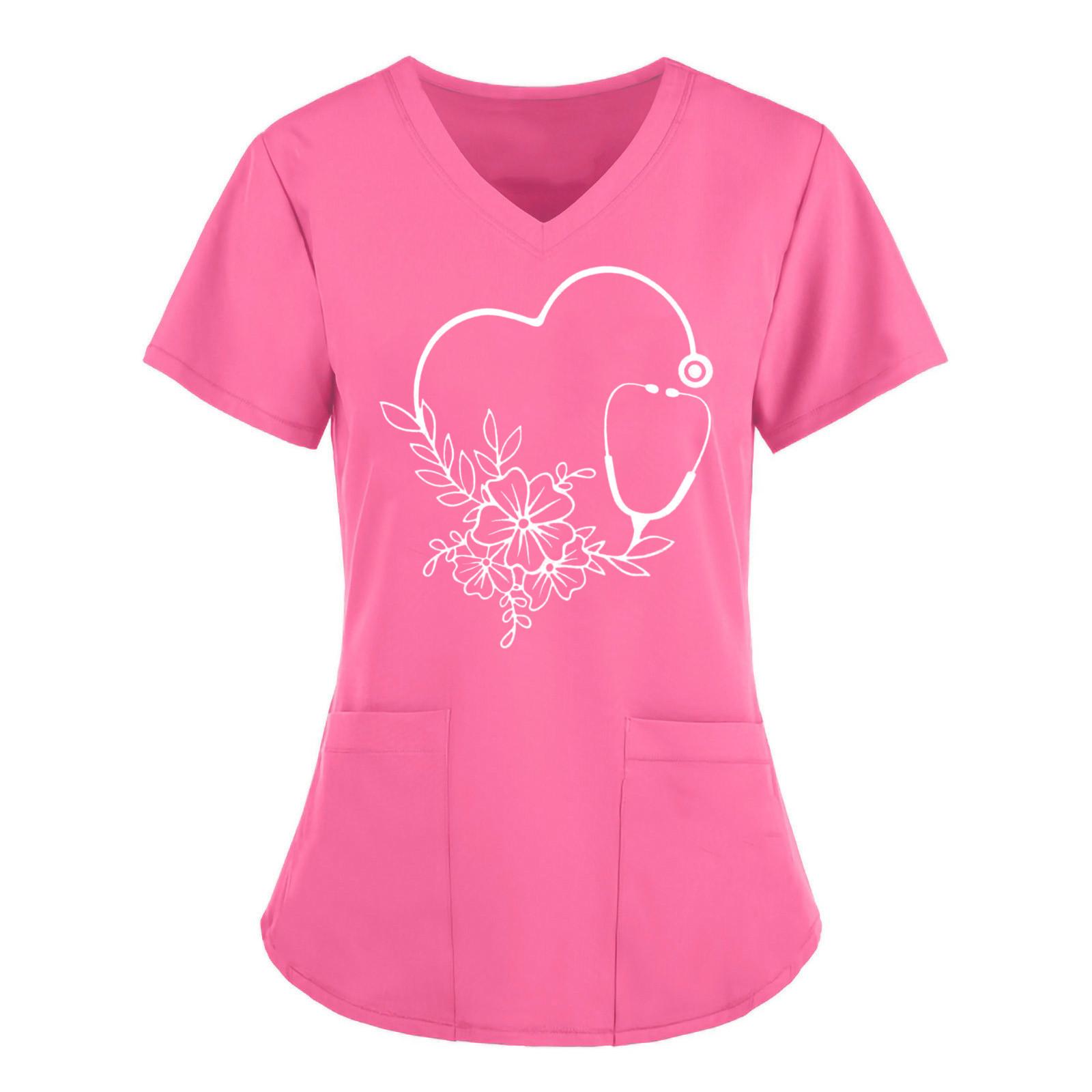 Damen V-Ausschnitt Medizinischer Kasack mit Herz- und Stethoskop-Print Zwei Vordertaschen Kurzarm Krankenschwester Uniformhemd L rosa