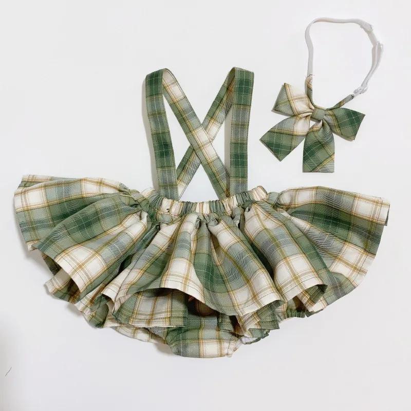 Mädchen Lolita Kleid Prinzessin Kleid Hemd + Gürtel Kleid Anzug Plaid Kleid Zweiteiliges Set Frühling Sommer und Herbst 130 grün