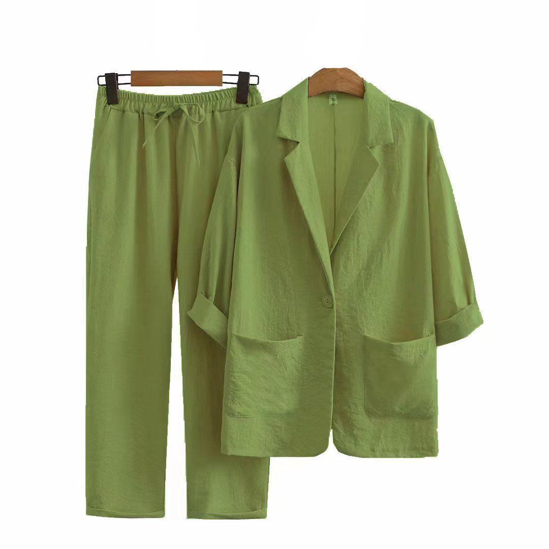 Zweiteiliger Anzug aus Baumwolle und Leinen für Damen, Jacke + Hose, Herbst, lockere Mode, lässiger Anzug aus Baumwolle und Leinen, Jacke XXL grün