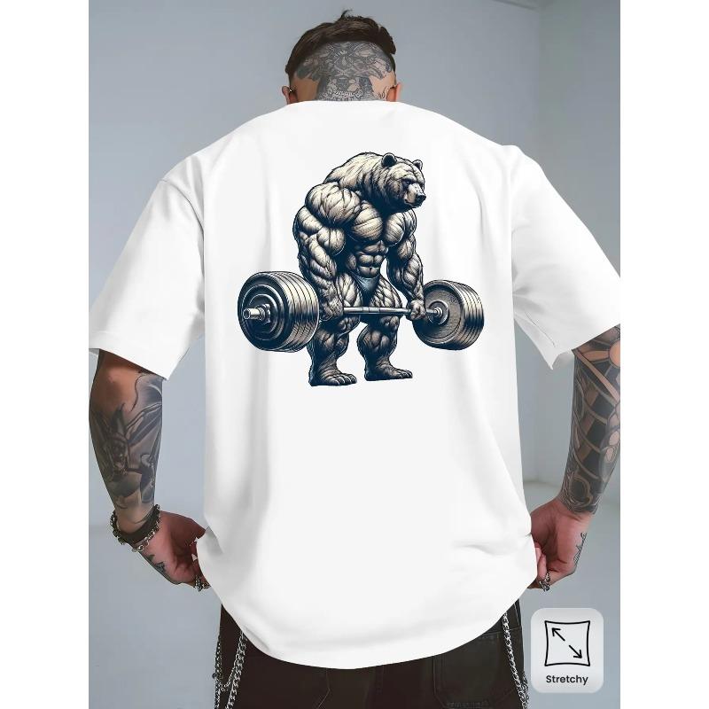 Europäische Größen Herren Schwerlast-Trainings-T-Shirt mit Bär & Hantel Rückendruck - Atmungsaktives Muskeldehnendes Bären-Grafik-Workout-Shirt, Leichte Dehnbarkeit L weiß