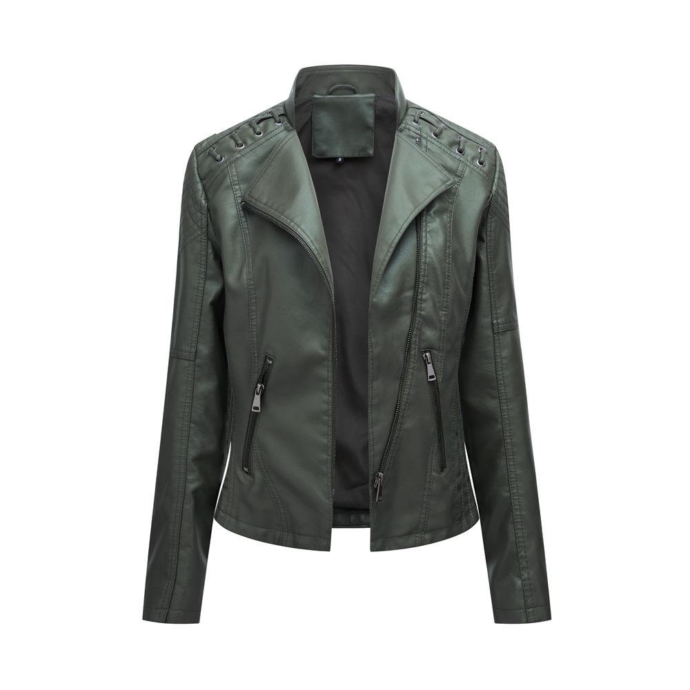 Frühlings- und Herbst Damen Lederjacke Kurze Jacke Slim Dünne Sektion Lederjacke Ms. Biker-Kleidung 3XL armee grüne