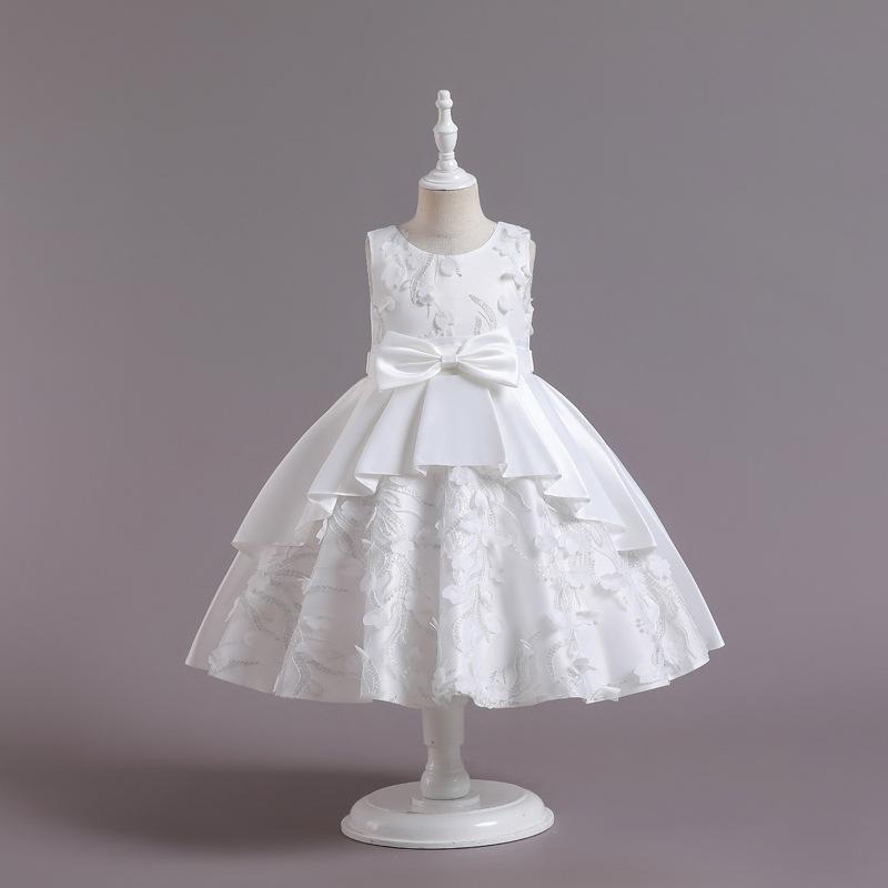 Satin-Applikations-Prinzessinnenkleid für Mädchen 2-8J Sommer Elegant Party Abend Hochzeitskleid mit Spitzenbesatz 110cm weiß