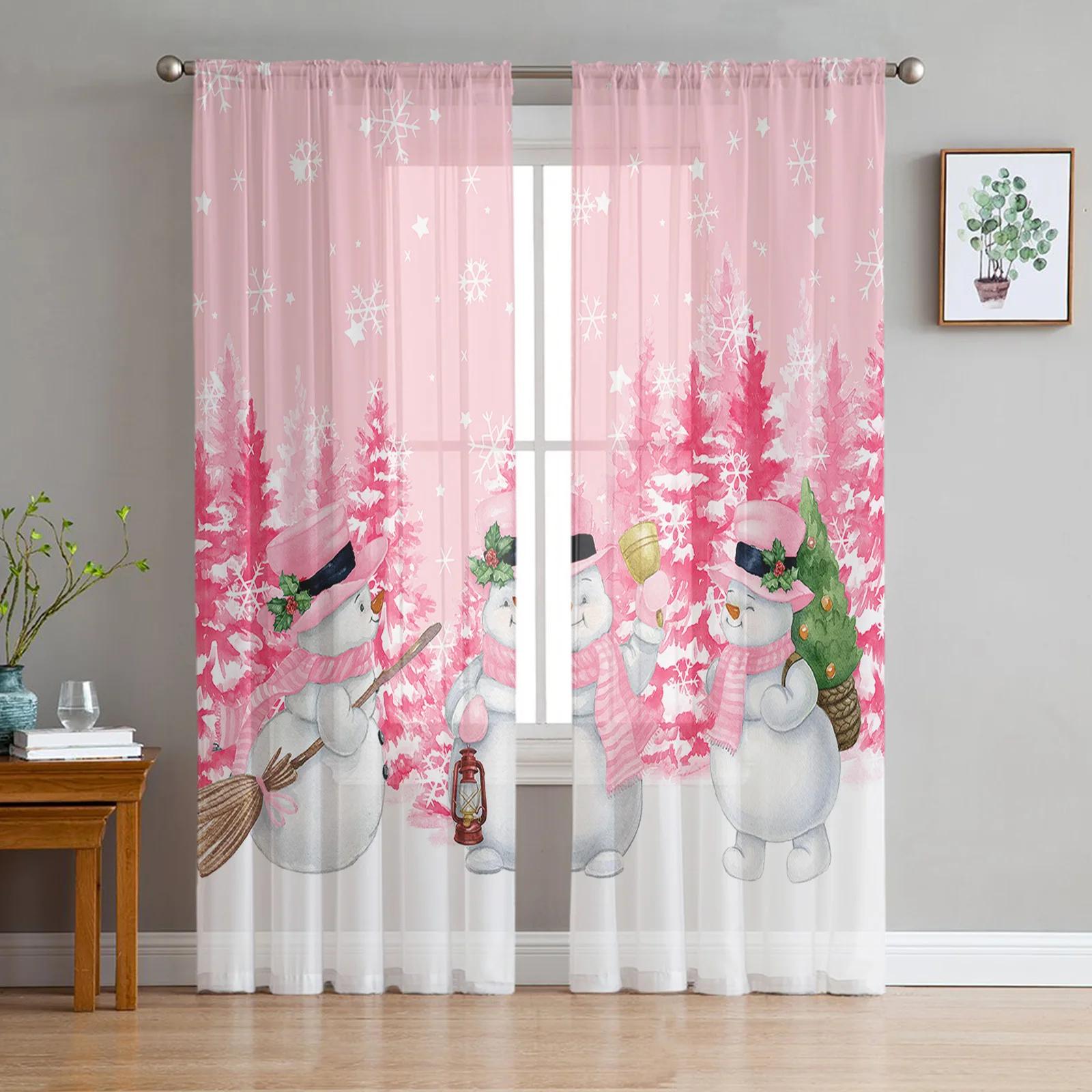 Weihnachtsbaum Schneeflocke Kiefer Schneemann Rosa Transparente Vorhänge Wohnzimmer Dekoration Fenster Vorhänge Küche Tüll Voile Vorhänge W135 x H115cm x1 white