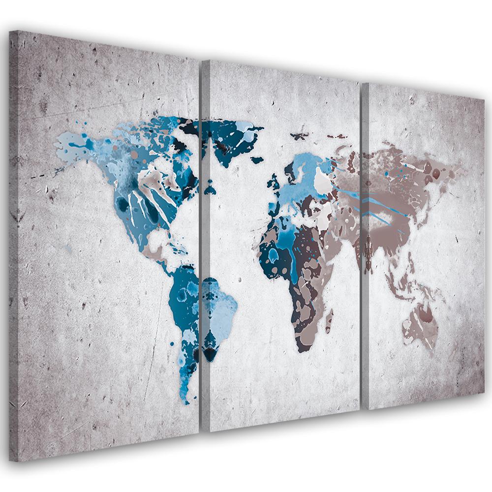 Dreiteiliges Bild auf Leinwand, Retro-Weltkarte, Türkis 60x40 bunt