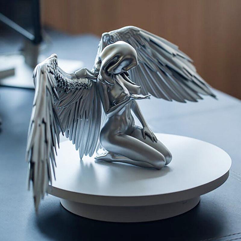 3D-Engelsstatue, Kunst, Engel, weibliche Frau, Flügel, kniend, Umhang, Hut, Engel, Kunststatue, Dekor, kreative Skulptur für drinnen und draußen silber