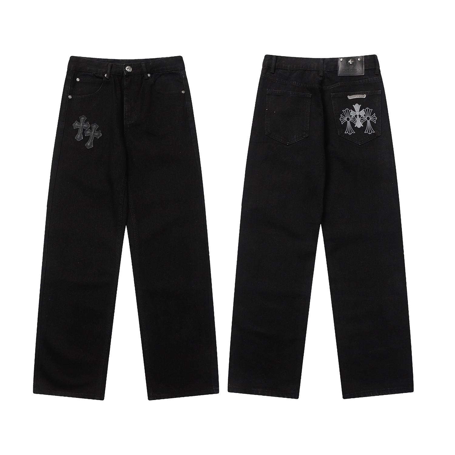 9930 CHROME HEARTS Herren- und Damenjeans im trendigen amerikanischen Stil mit Stoffaufnähern, lässige und modische High Street Hose 28 schwarz