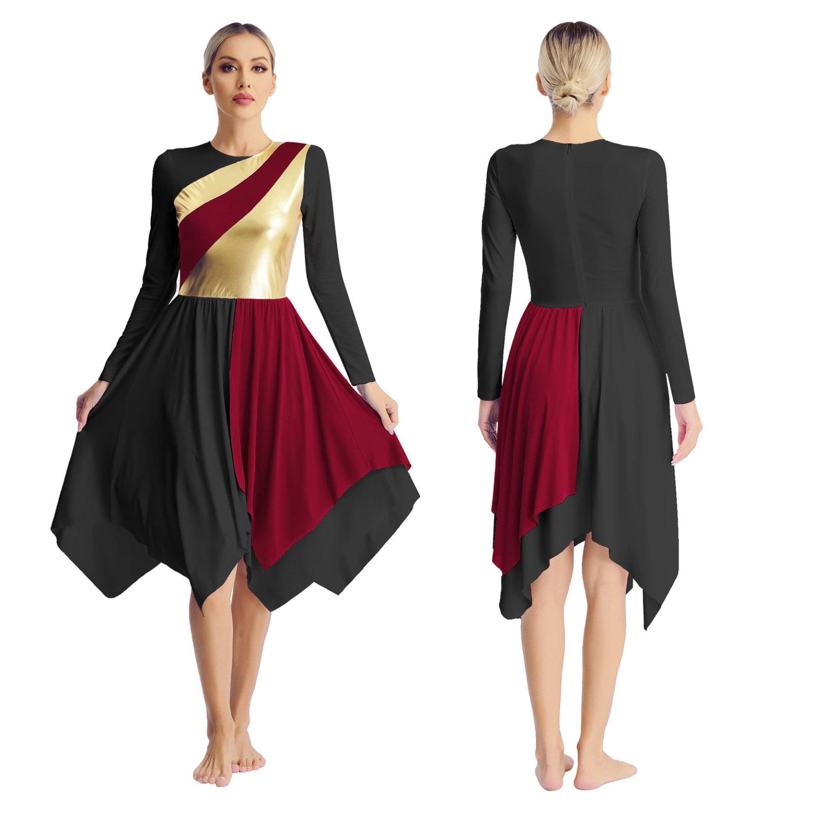 Liturgisches lyrisches Tanzkleid für Damen, langärmelig, metallische Kontrastfarbe, asymmetrische Kleider, Anbetungsaufführung L bordeaux/schwarz