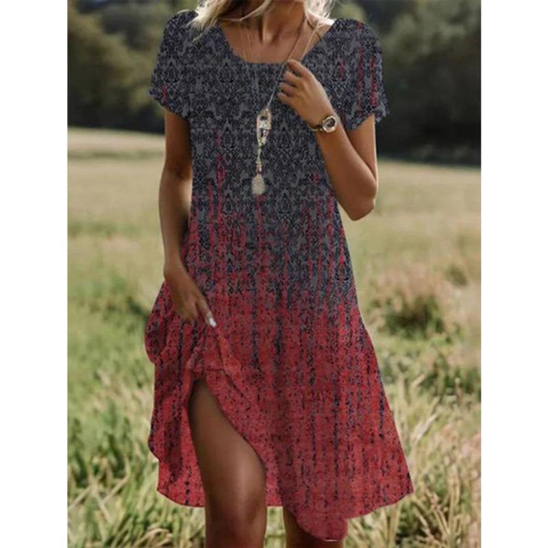 Sommer Bohemian Kleider Für Frauen V-ausschnitt Kurzarm Blume Gedruckt Strand Urlaub Kleid Frauen Maxi Kleider Boho 4XL rot/grau